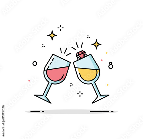 Engagement celebration toast illustrated by two elegant glasses paired with a subtle ring icon. Clean spacing and sparkle elements create a refined concept