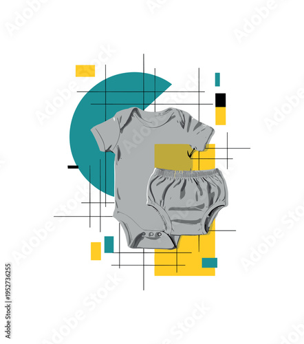 monochrome baby onesie and diaper combination arranged flat-lay style, oversized teal semicircle and yellow rectangular shapes intersecting composition, thin