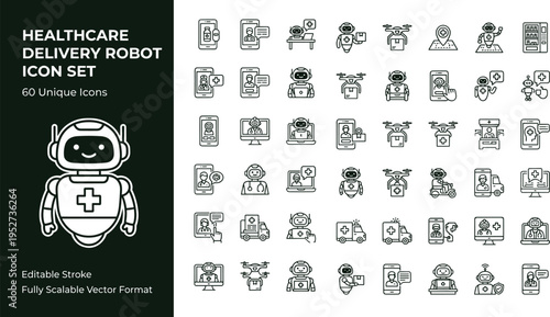 Healthcare delivery robot line icon set with medical automation telemedicine service robots and smart hospital logistics symbols