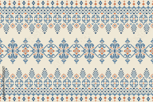 Seamless pixel folk border pattern with layered horizontal bands in blue and orange on beige background. Ornamental stripe layout suitable for fabric, wallpaper, and decorative trim.
