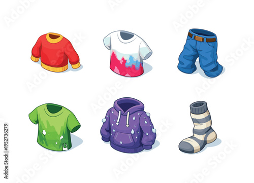 Laundry wear. Isometric flat vector icons set of laundry wear: shrunken sweater, color-bleeded shirt, wrinkled pants, thinned fabric tee, lint-covered hoodie,