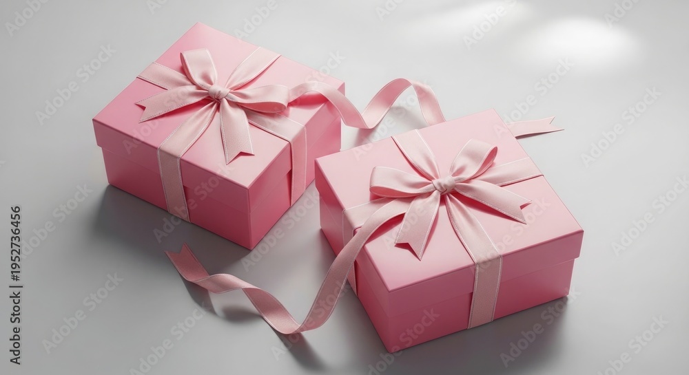 Obraz premium Two pink gift boxes with ribbons on a grey background