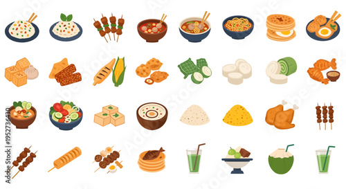Indonesian Street Food and Traditional Snacks Illustration Set, Diverse Culinary Icons Vector