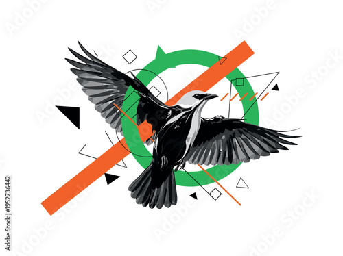 Black and white bird covered in oil texture, bold green circular frame partially hidden behind wings, orange diagonal bar intersecting composition like hazard