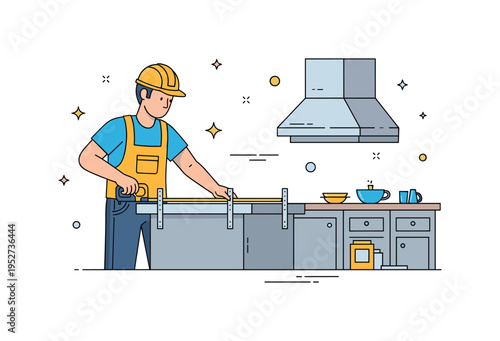 A contractor measuring and securing a stone countertop in a modern kitchen, illustrating technical skill, preparation, and careful installation. Minimalist
