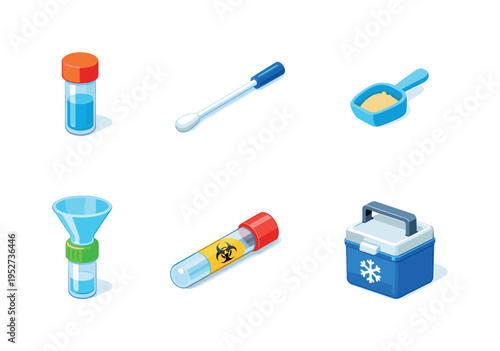 SampleCollection. Isometric flat vector icons set of sample collection: collection vial, sterile swab, sample scoop, collection funnel, sealed transport tube,