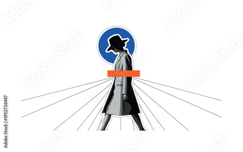 Black and white model walking forward wearing vintage hat and modern tailored coat, bold blue circular halo behind head, orange rectangular accent crossing