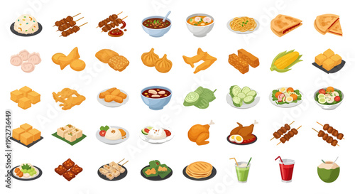 Indonesian Street Food and Traditional Culinary Vector Illustration Set
