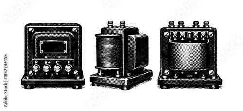 Vintage radio transformer. Black and white dot style with halftone texture and high contrast. Halftone texture with partial solid black fills