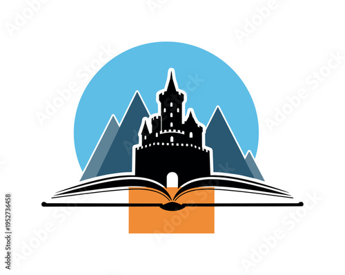 Black and white castle silhouette rising from an open book, oversized sky blue semicircle framing the upper structure, warm orange geometric block anchoring