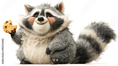 Chubby Raccoon Character Holding a Delicious Chocolate Chip Cookie in its Paw