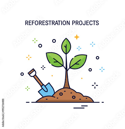 Reforestation projects concept featuring a young tree sapling being planted into the soil with a small shovel icon nearby, expressing renewal, care and long