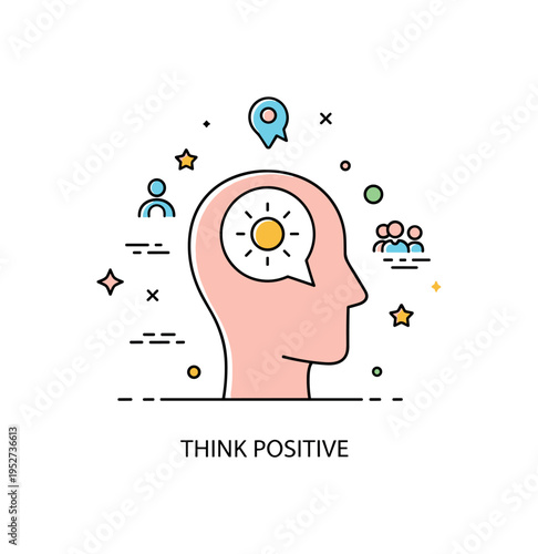 Positive mindset illustration centered on a human head silhouette with a small sun icon inside, symbolizing optimistic thinking and emotional clarity. A neat