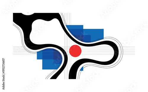 Black and white stylized amoeba shape with flowing edges, vivid red circle marking focal point within nucleus area, thin vertical and horizontal lines forming