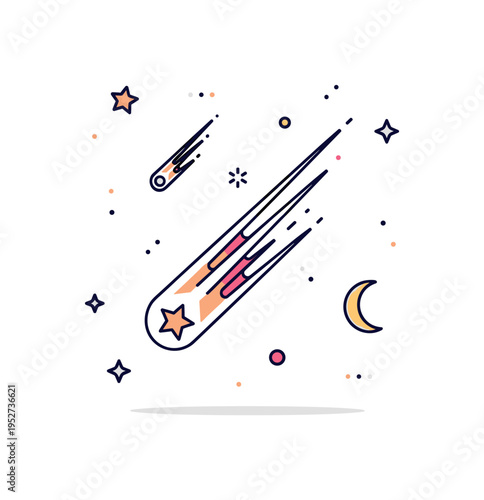 Meteor showers night sky scene with a large glowing meteor streaking diagonally across the composition, accompanied by smaller shooting stars and a subtle