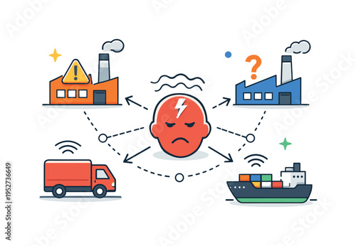 Scope emissions headache supplier dependency concept illustrated by interconnected factories and transport icons with uneven signals, conveying limited control