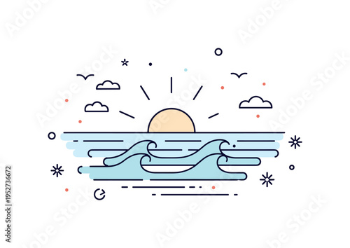 Gentle coastal morning scene illustrated with soft rolling waves and a pale rising sun above the horizon, symbolizing renewal and peaceful beginnings. Subtle