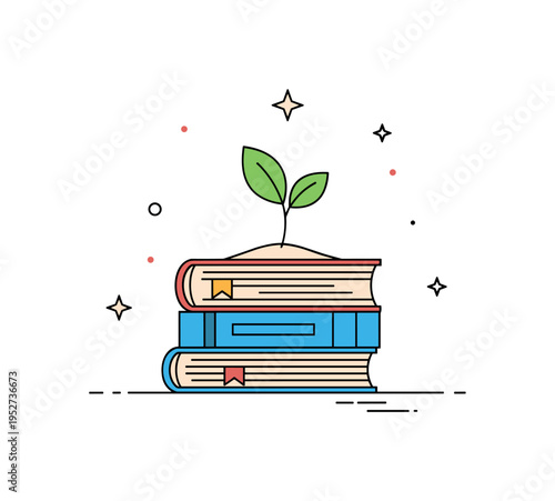 Bedside book personal growth concept with a neatly stacked novel and a small sprouting leaf emerging from its pages. A visual metaphor of knowledge, self