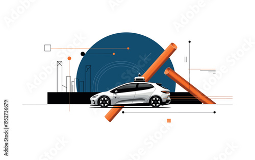 black and white futuristic self-driving car driving through abstract geometric cityscape, deep blue geometric circle anchoring layout and orange cylindrical