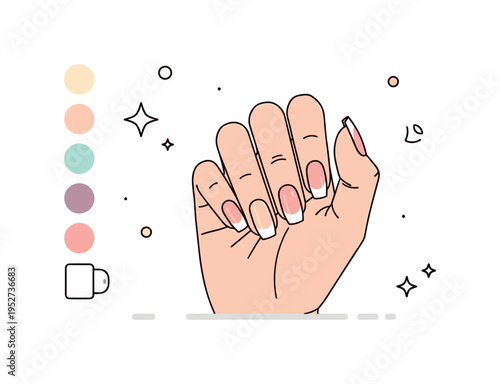Modern French manicure with pastel tips displayed on a stylish hand pose, supported by small color swatches that hint at creative variations of the classic