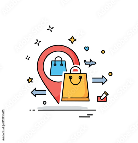 Outlet shopping adventure illustrated with a compact map pin combined with a shopping bag icon, accented by small directional arrows to suggest travel for