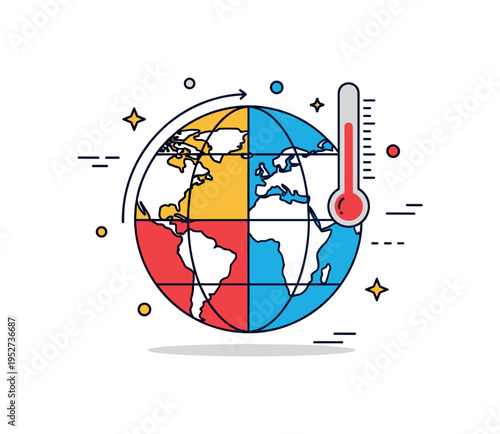 Climate change awareness globe icon divided into warm and cool color halves with a subtle rising thermometer overlay. A compact editorial