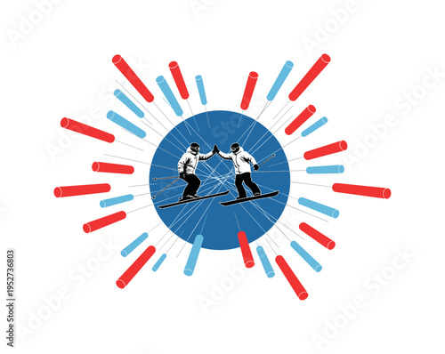 Black and white skier and snowboarder high-fiving, large deep blue circle centered behind both figures, bright red and icy blue abstract cylinders radiating