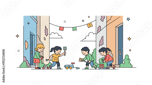Children playing in worn-down urban alleys with makeshift toys, capturing moments of joy and imagination amid hardship. Minimalist flat vector illustration,