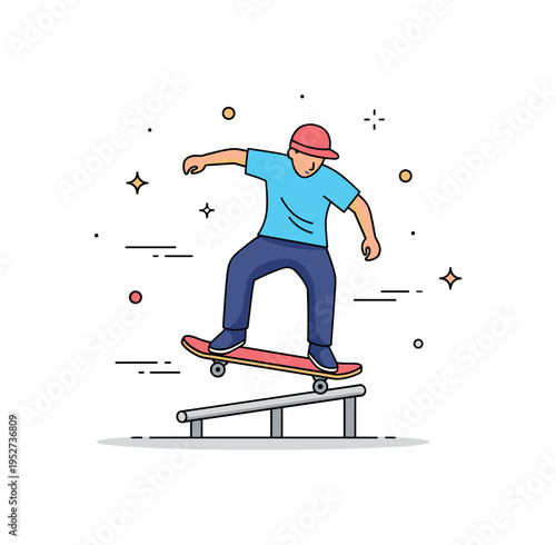 Skateboarder balancing on a rail with subtle motion accents and small decorative stars, representing focus, skill, and urban sports culture. Minimalist flat