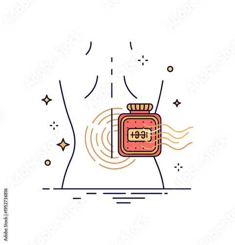 Heat therapy for back pain represented by a warm compress pad placed against a stylized lower back silhouette, with soft wave lines indicating soothing warmth.