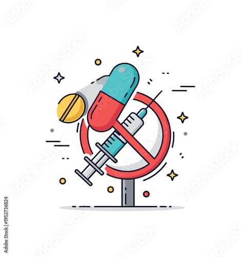 Substance abuse prevention message depicted as a pill and syringe icon crossed by a clear prohibition sign, representing awareness campaigns and community