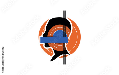 A monochrome profile silhouette with an abstract rectangular block covering the mouth area, large concentric circular halos behind representing internal