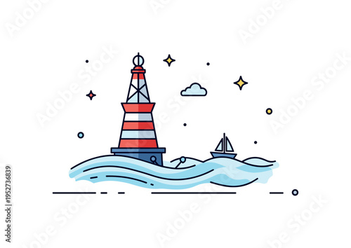 Coastal navigation marker striped buoy anchored in soft rolling waves with a tiny sailboat silhouette in the distance. A concise editorial badge expressing