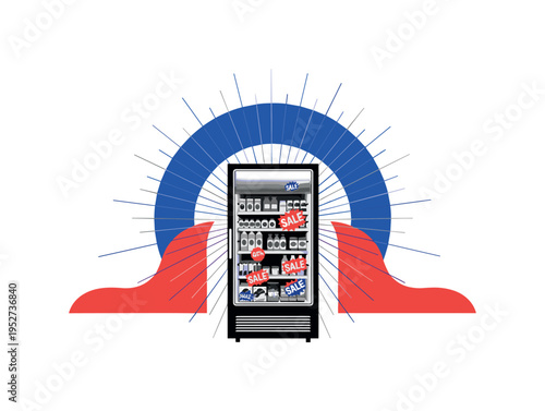 front-facing monochrome refrigerator display case with sale stickers on products, surrounded by bold blue semicircle and red flat shapes, thin radiating lines
