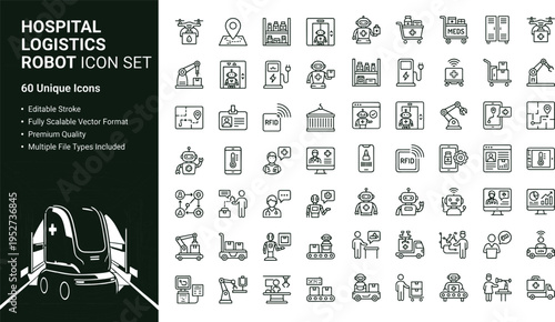 Hospital logistics robot line icon set with medical supply automation delivery robots and smart healthcare transport symbols