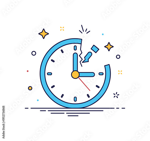Broken time metaphor illustrated by a clock face with one hand slightly detached or misaligned, symbolizing disruption or irregular timing. The clean editorial