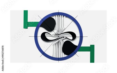 Black and white top-view of curtain folds forming abstract organic shapes, bold indigo circular frame enclosing the fabric form, emerald green geometric