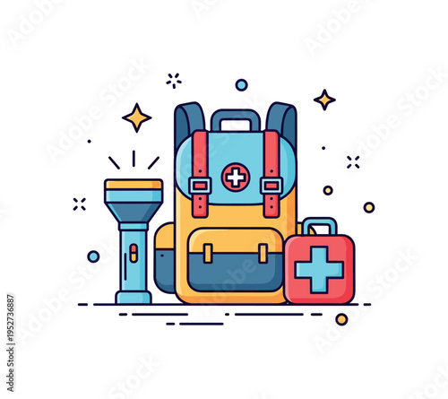 Disaster preparedness kit emergency backpack icon paired with flashlight and first aid cross symbol. A proactive and informative micro scene about readiness