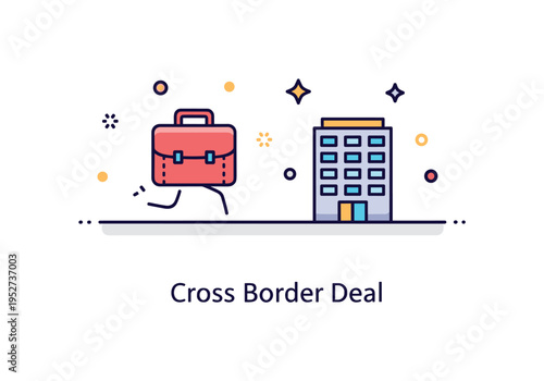International asset acquisition concept showing a briefcase icon moving toward a building across a thin border line. A compact ?Cross Border Deal? caption