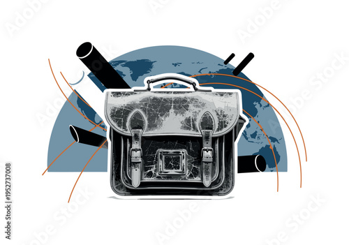 Black and white image of old leather satchel with visible patina and scratches, oversized blue semicircle behind suggesting travel history, thin orange curved