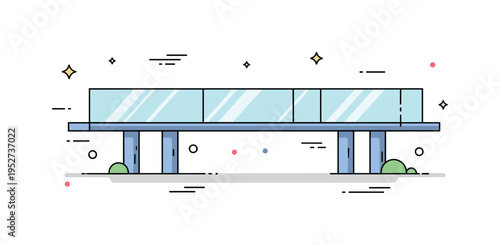 Modern glass bridge structure featuring a sleek transparent walkway supported by minimal pillars, representing innovation and bold design. The composition