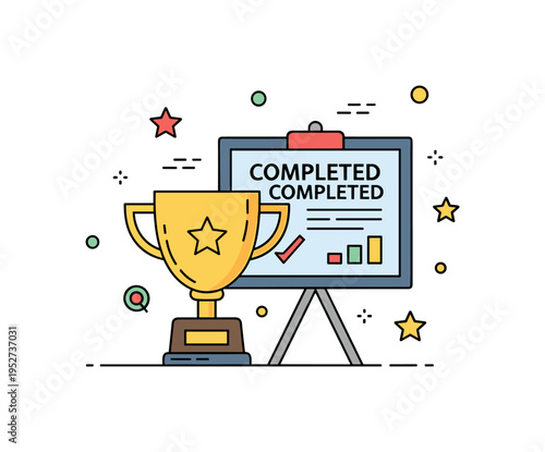 Project wrap up celebration illustrated by a simple trophy icon beside a completed task board, expressing recognition and success after dedicated effort. The