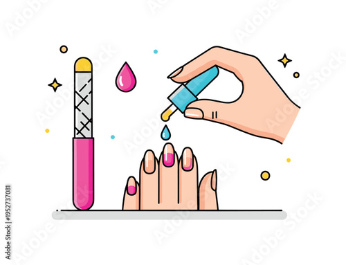French manicure maintenance and nail care showing a hand applying cuticle oil beside a nail file and small droplet icon, symbolizing healthy shine