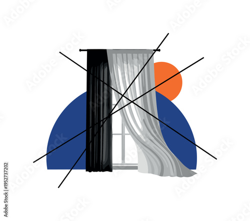 Black and white curtain moving softly in window light, oversized blue semicircle rising behind the fabric, orange circular accent partially hidden suggesting