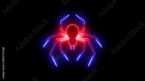 Neon Spider Line Icon Animated on Black Background with Alpha Channel 4K Green Screen Chroma Key Loop