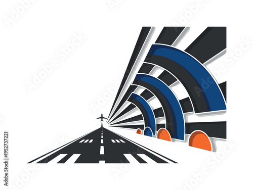 Black and white realistic runway perspective narrowing into the distance, small aircraft silhouette rising at the end, bold semicircles radiating upward to