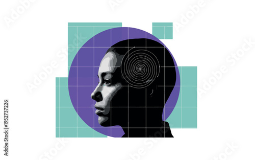 monochrome profile of person with subtle spiral graphic overlay near temple, bold violet circular backdrop intersecting with soft teal geometric blocks, thin