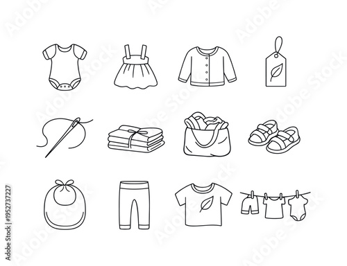 Organic and Ethical Children's Wear. Minimalistic set one-line drawing baby romper, toddler dress, child cardigan, eco friendly clothing tag, sewing needle