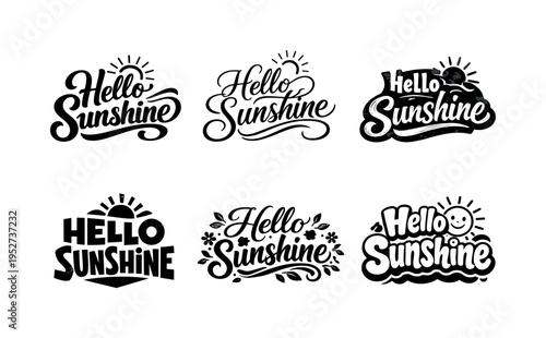 Hello Sunshine. Set lettering. harmonious lettering variations of the same emblematic concept, each with different artistic interpretation (Bold hand-lettering