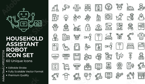 Household Assistant Robot Line Icon Set Featuring Smart Home Automation Devices Domestic Technology And AI Powered Appliances